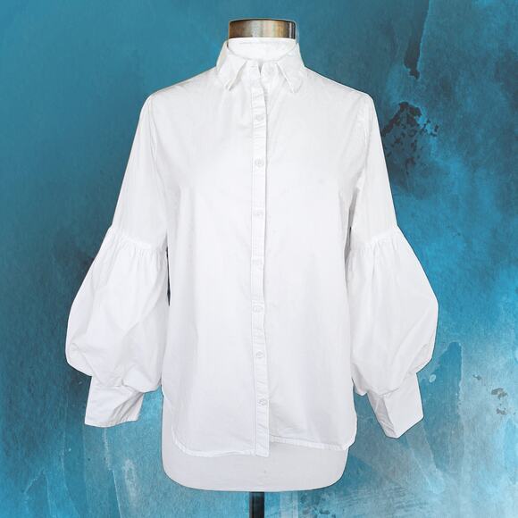 THE SHIRT Rochelle Beherens Molly Shirt White Puff Sleeve Button Down Medium - Picture 2 of 10